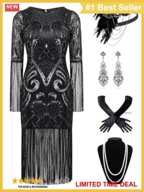 Plus Size 1920s Flapper Sequin Fringe Cocktail Party Dress with Accessories
